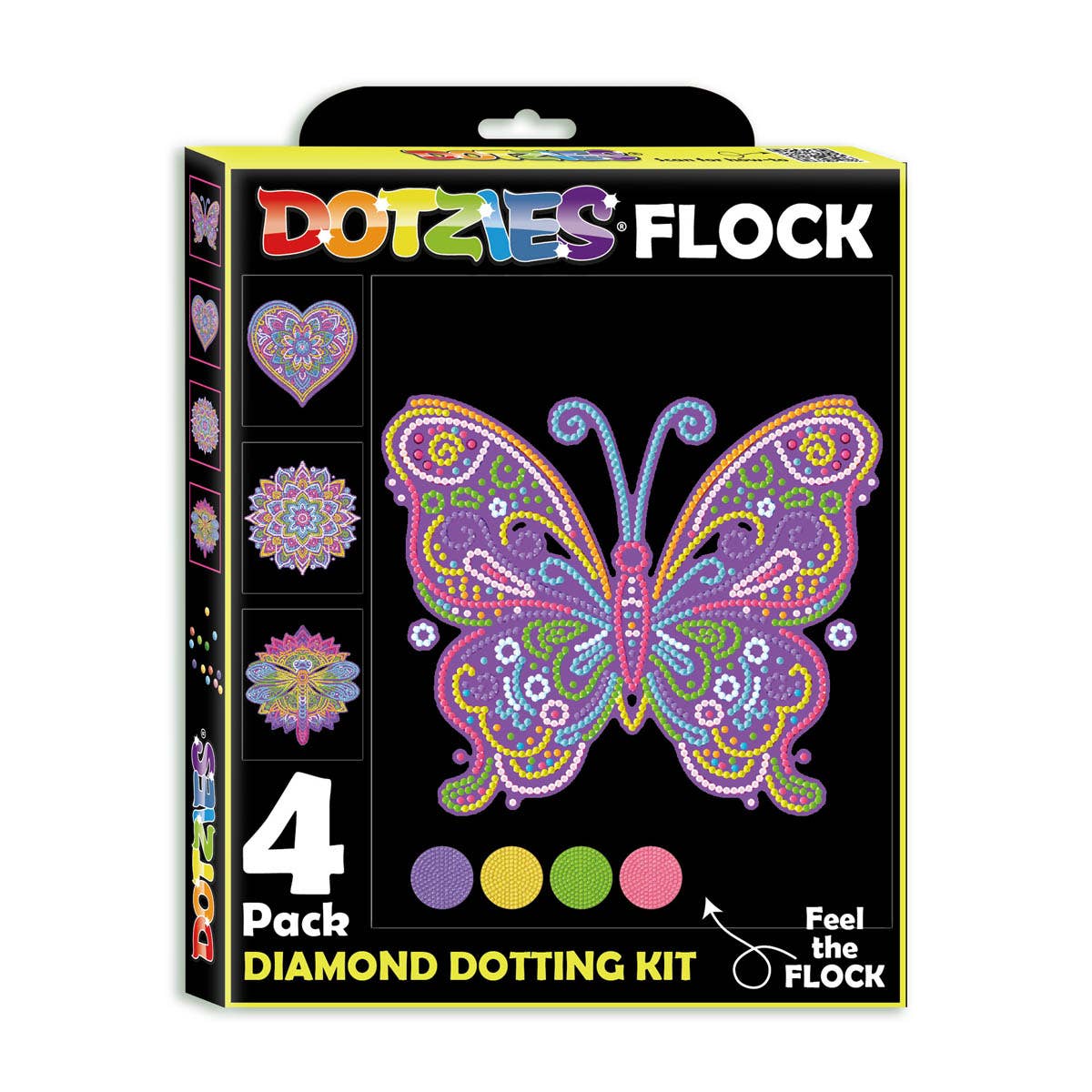 Box of Dotzles Flock diamond dotting kit with butterfly design and colorful dots.