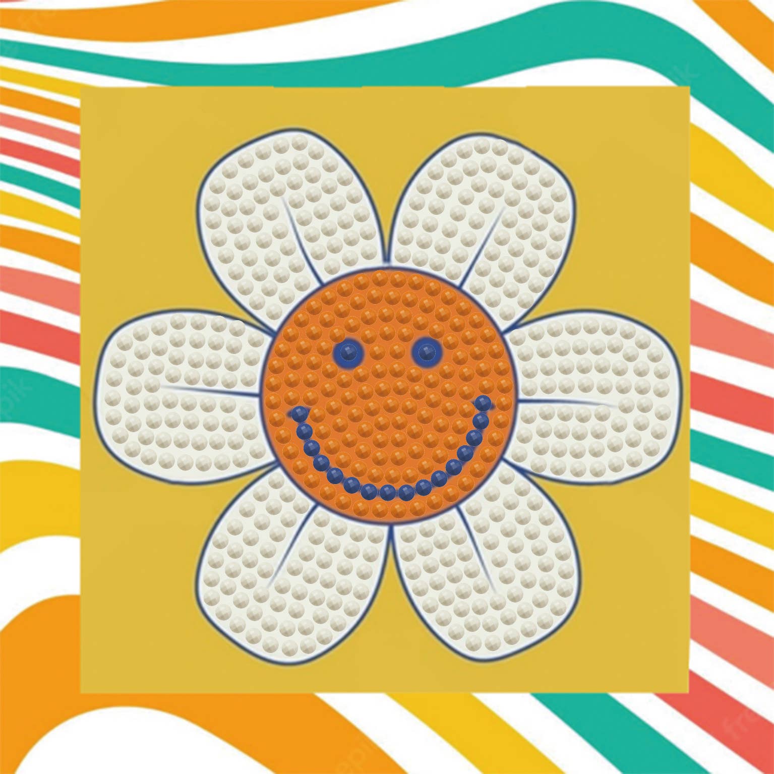Flower-shaped object with a smiley face on a colorful striped background