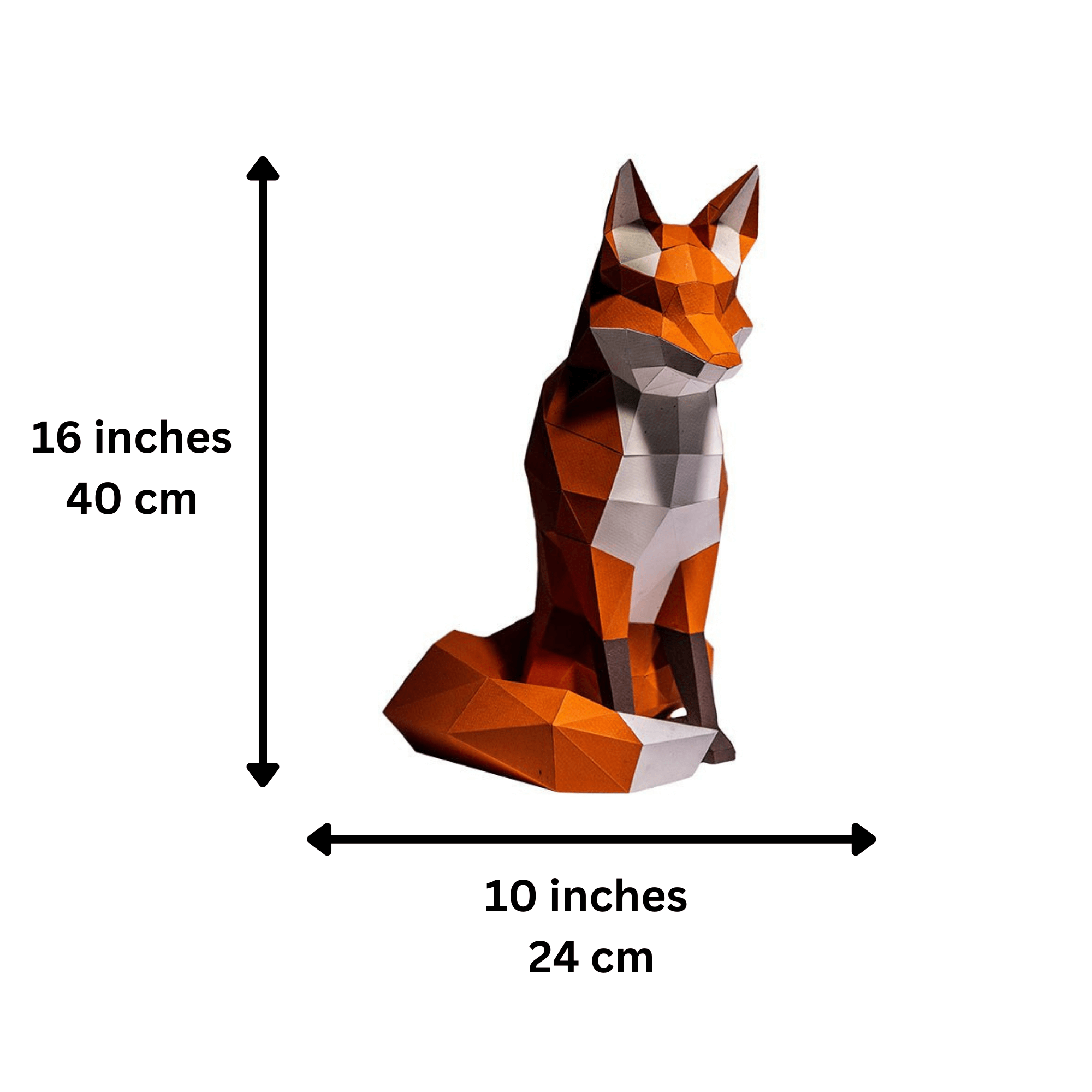 Geometric fox sculpture with measurements on a white background