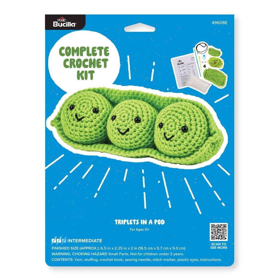 Bucilla crochet kit packaging with green crocheted peas on a blue background