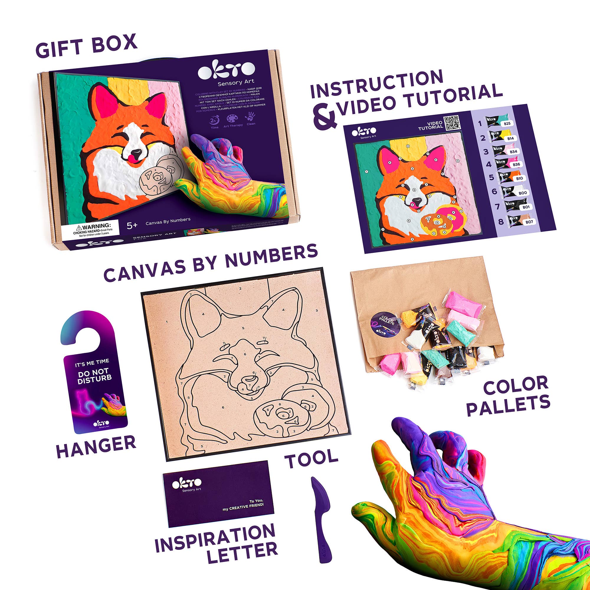 Canvas by numbers kit with fox design, color pallets, and hand with colorful paint.