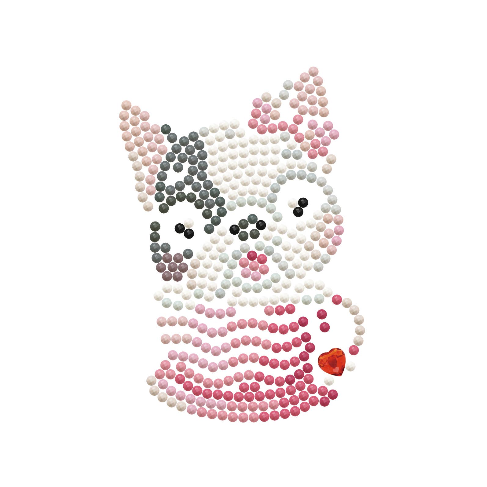 Diamond painting of a cat with a pink bow on a white background