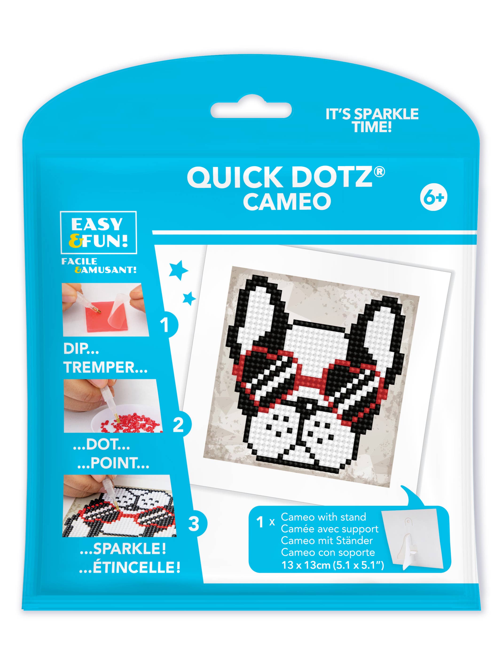 Quick Dotz Cameo pixel art kit packaging with a dog design on a white background