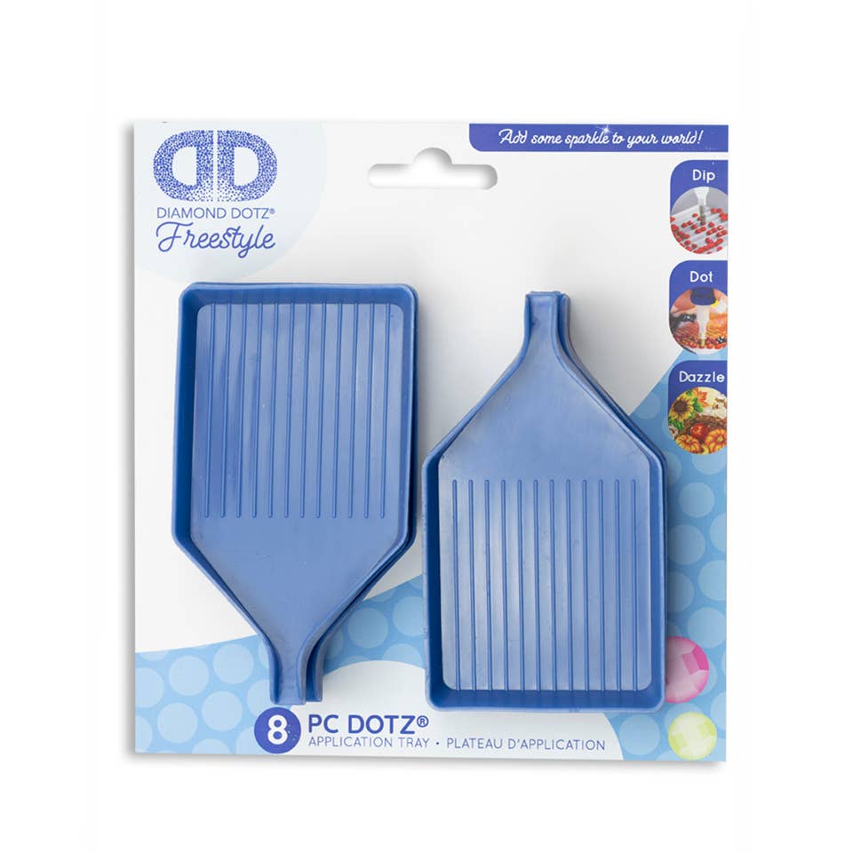 Packaging of Diamond Dotz FreeStyle application trays with blue trays on a white background