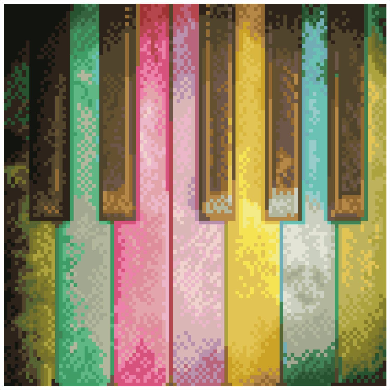 Pixelated piano keys in various colors on a green background