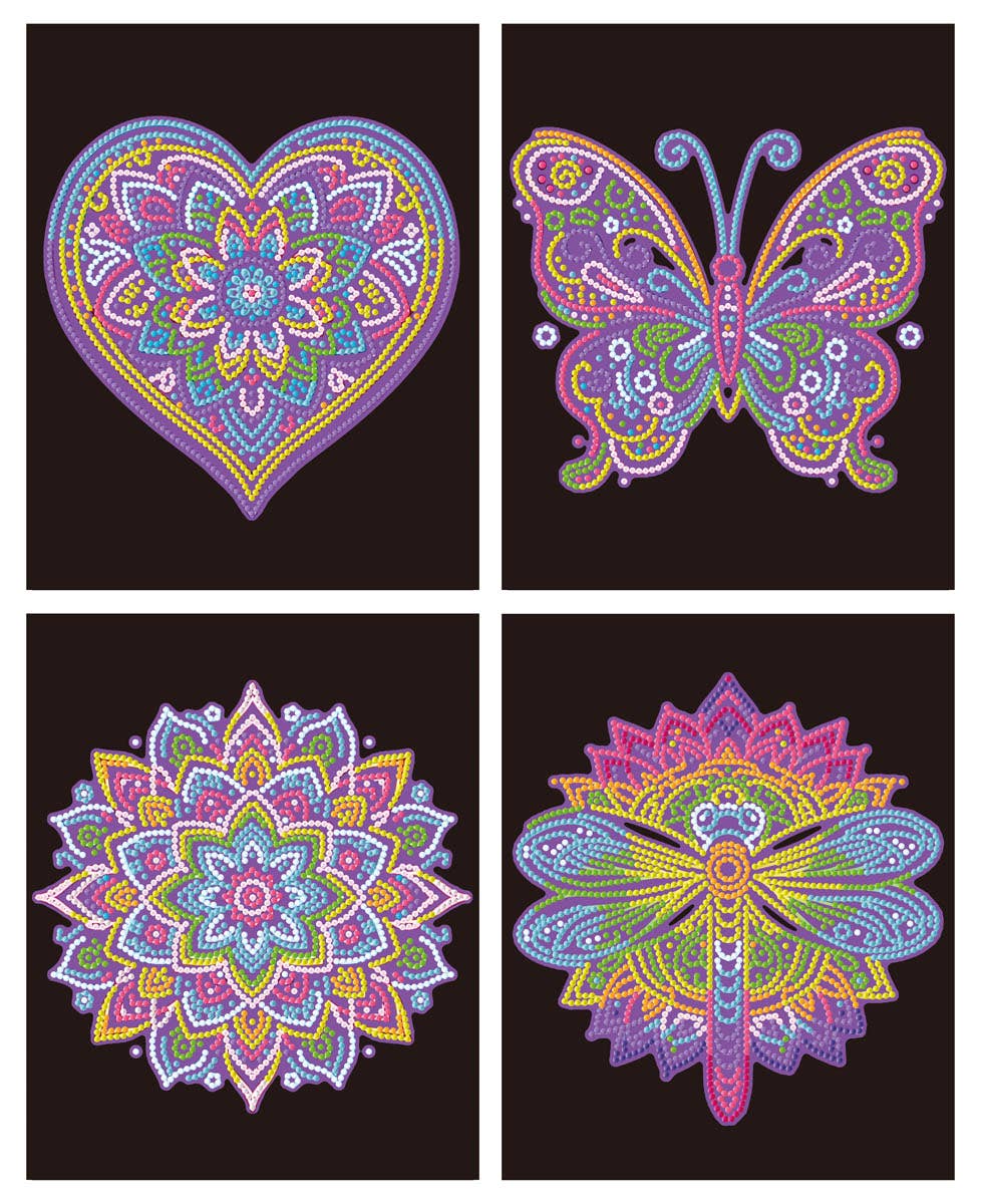 Four colorful mandala designs on a black background