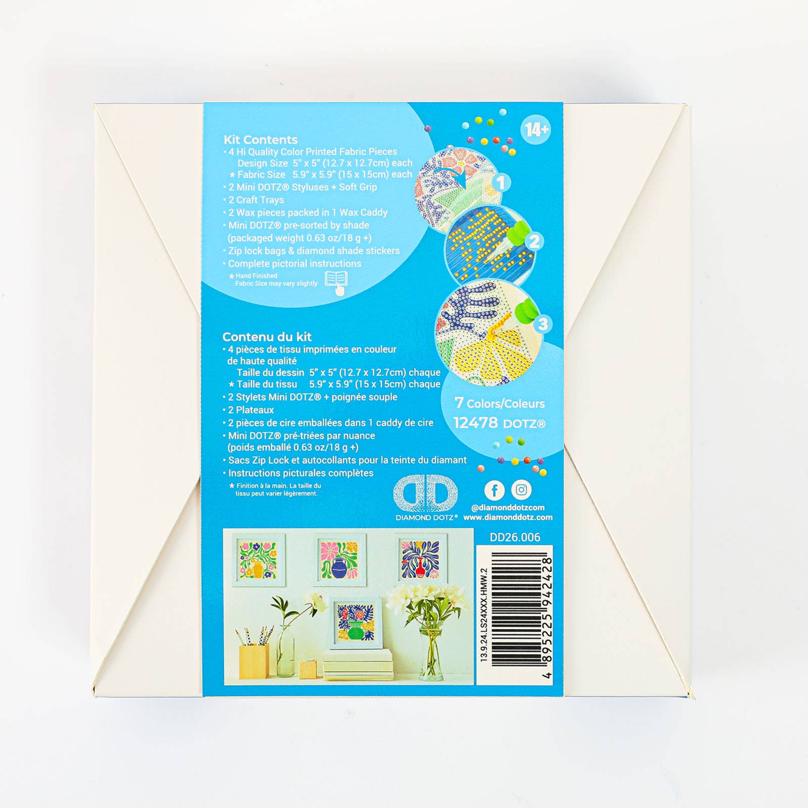 Product packaging with blue label and white envelope on a light gray background