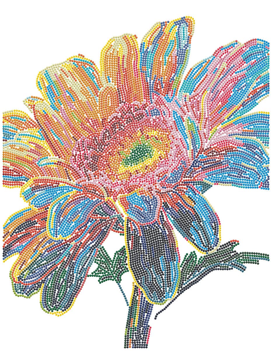 Colorful flower design made with beads on a white background