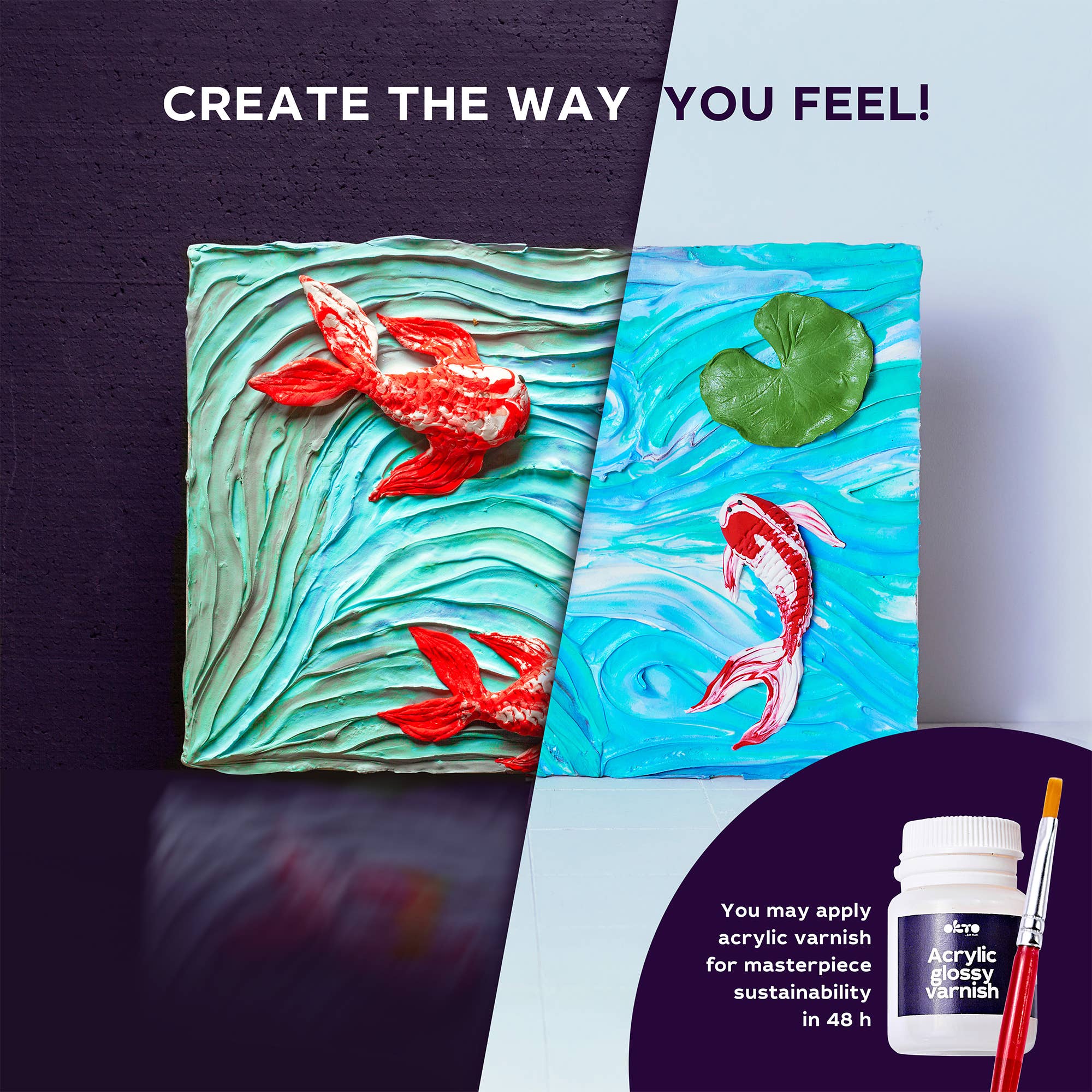 Two art pieces with fish designs on a dark and light purple background, accompanied by acrylic paint and brush.