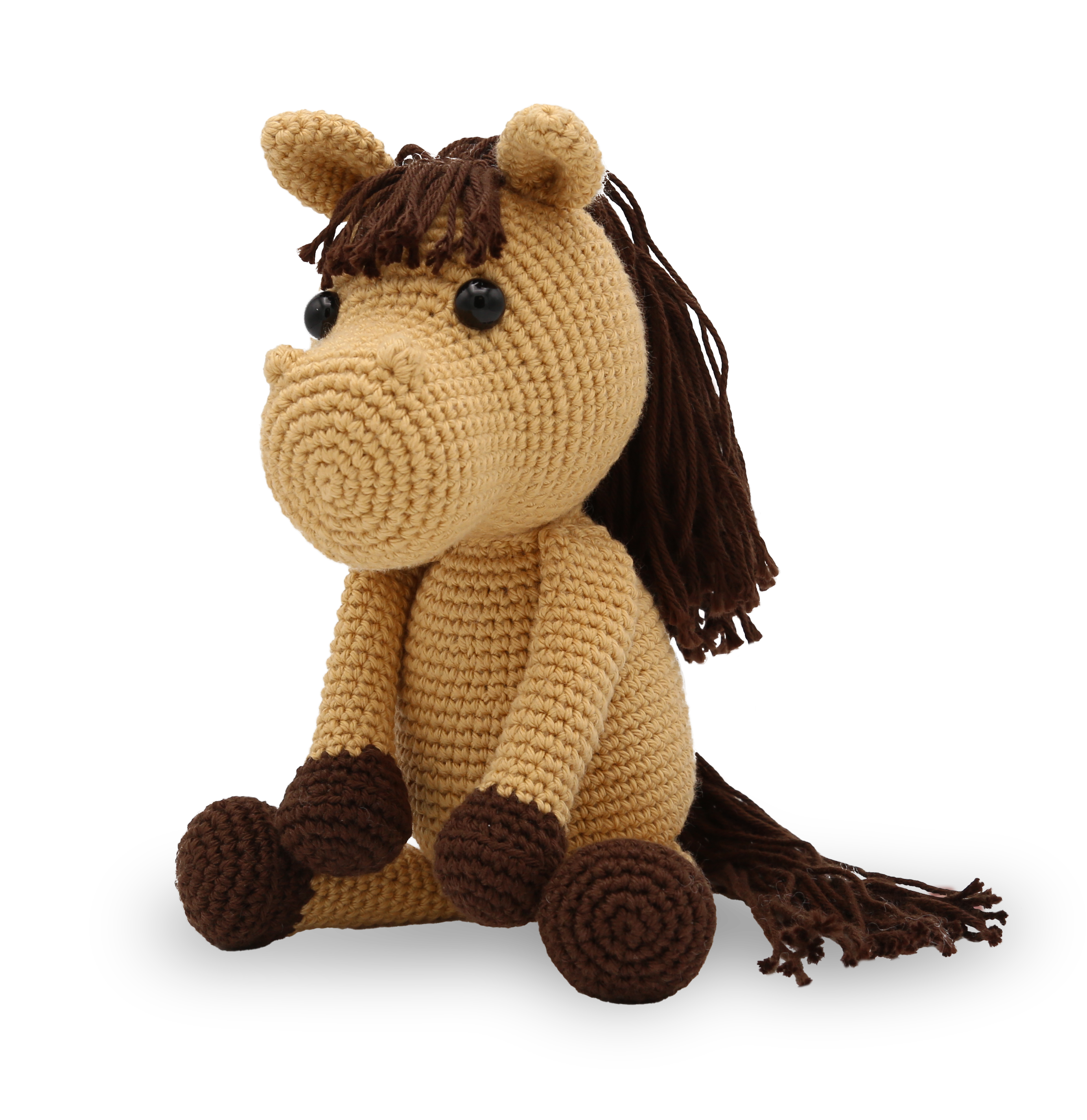 Crocheted horse toy with brown mane and legs on a white background