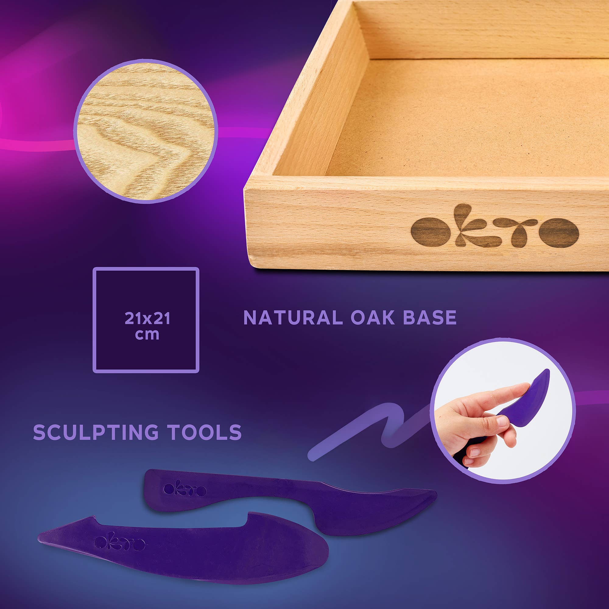 Wooden tray with 'okto' branding, purple sculpting tools, and a hand holding a tool on a purple background.