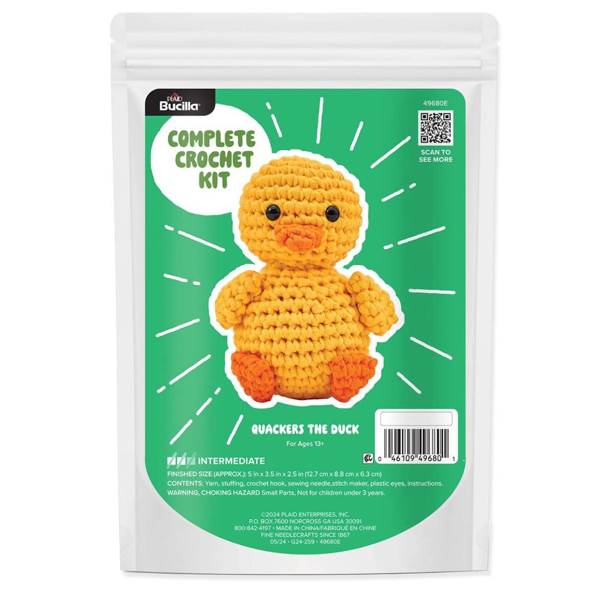 Crochet kit packaging for a duck with green background and Bucilla branding.