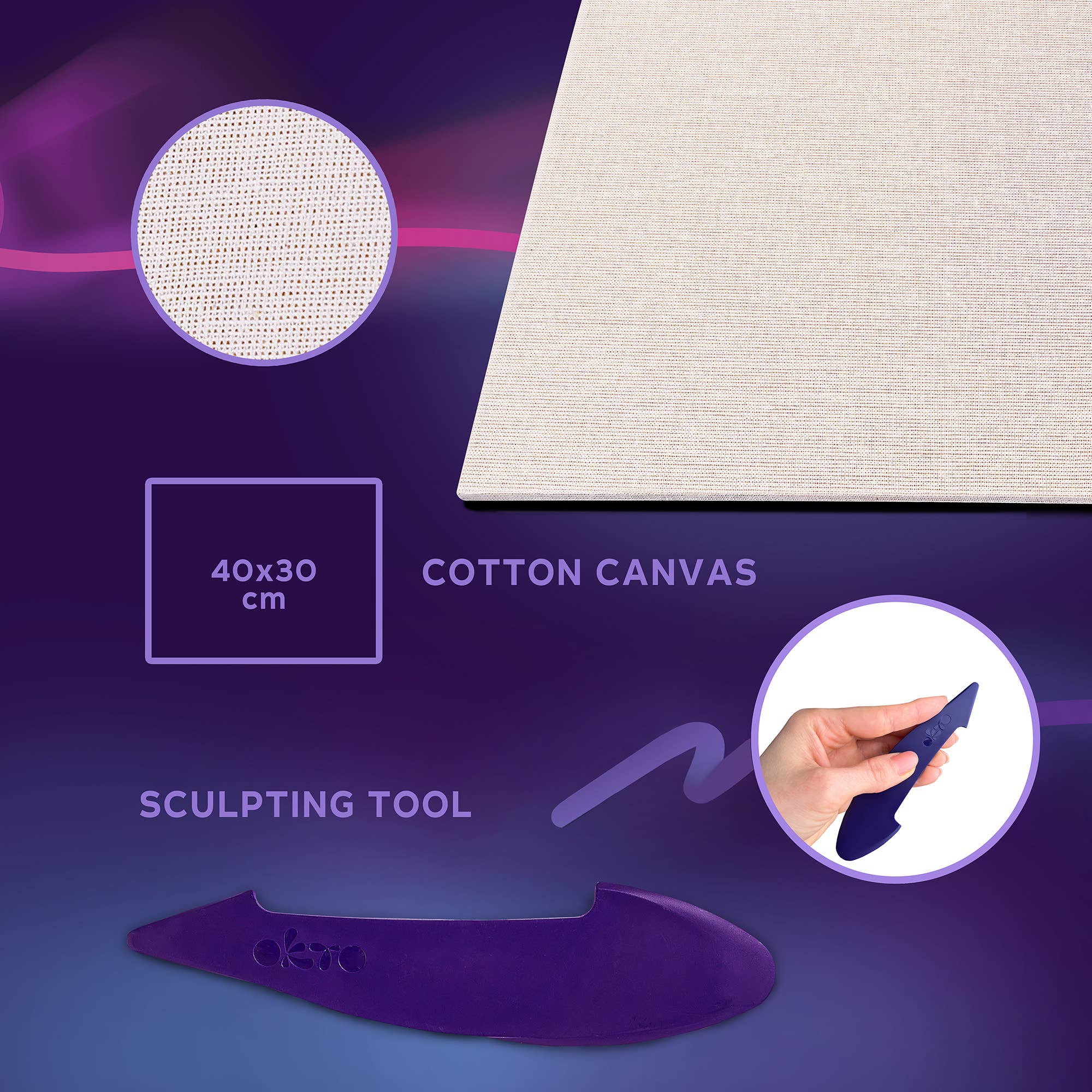 Cotton canvas with a sculpting tool on a purple background