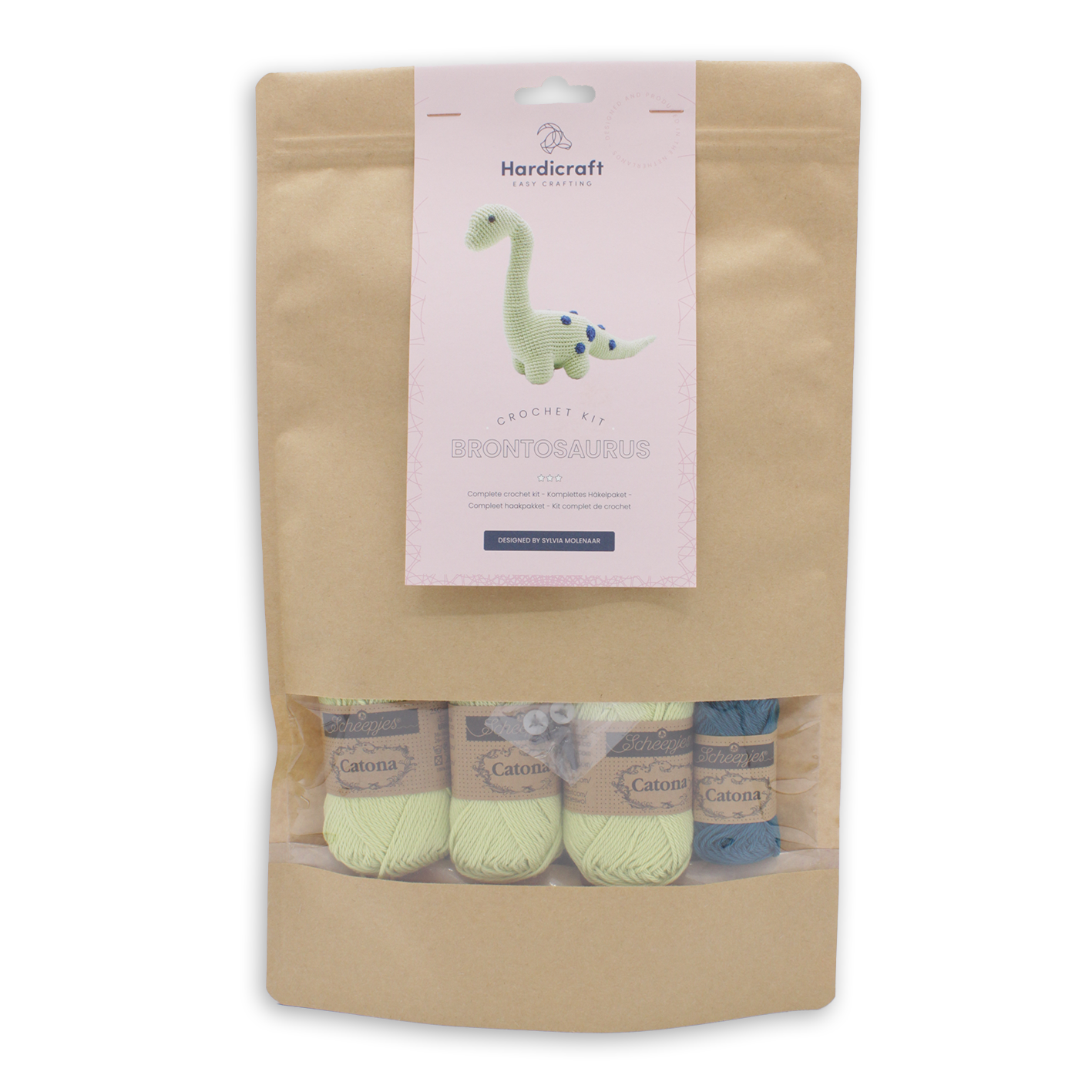 Kraft paper packaging with yarn and a Hardicraft label on a white background