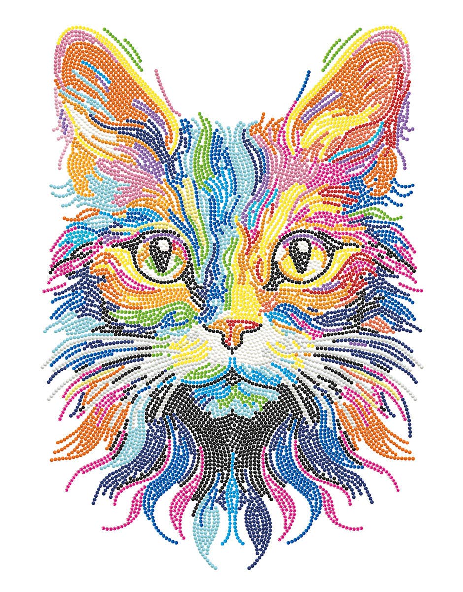 Colorful cat face design made with beads on a white background