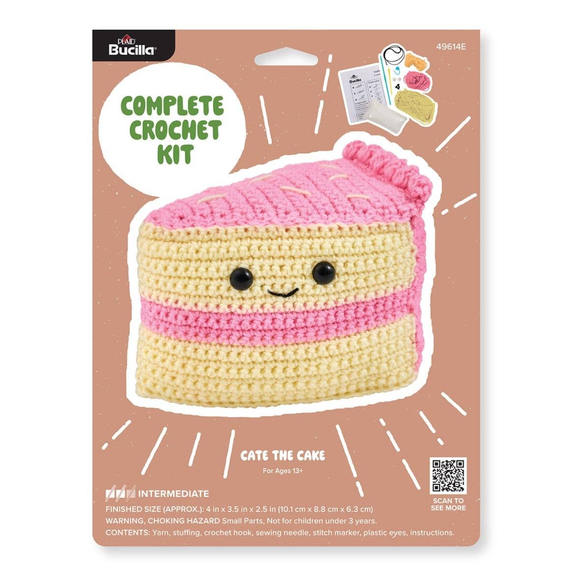 Crochet kit packaging for a cake-shaped toy with pink and yellow colors, featuring Bucilla branding.
