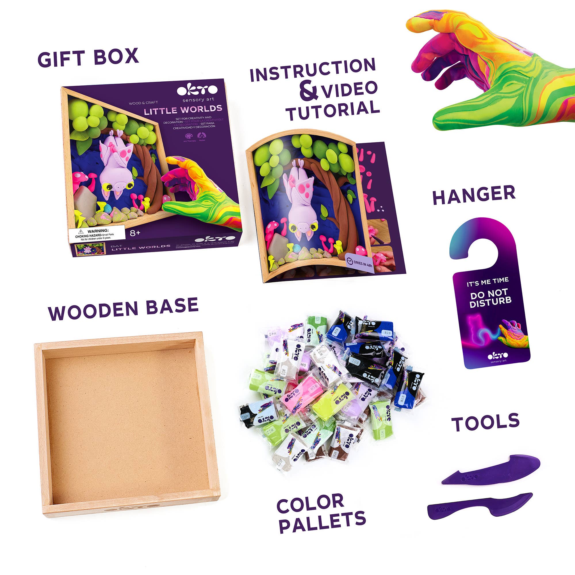 Collage of art supplies including a gift box, wooden base, color palette, tools, and an instruction video tutor.