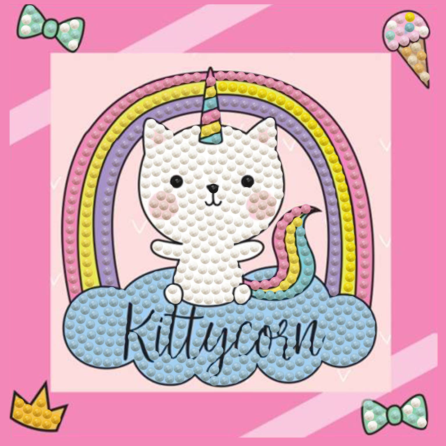 Cute cartoon cat with unicorn horn on a cloud, surrounded by rainbow and decorative elements on a pink background.