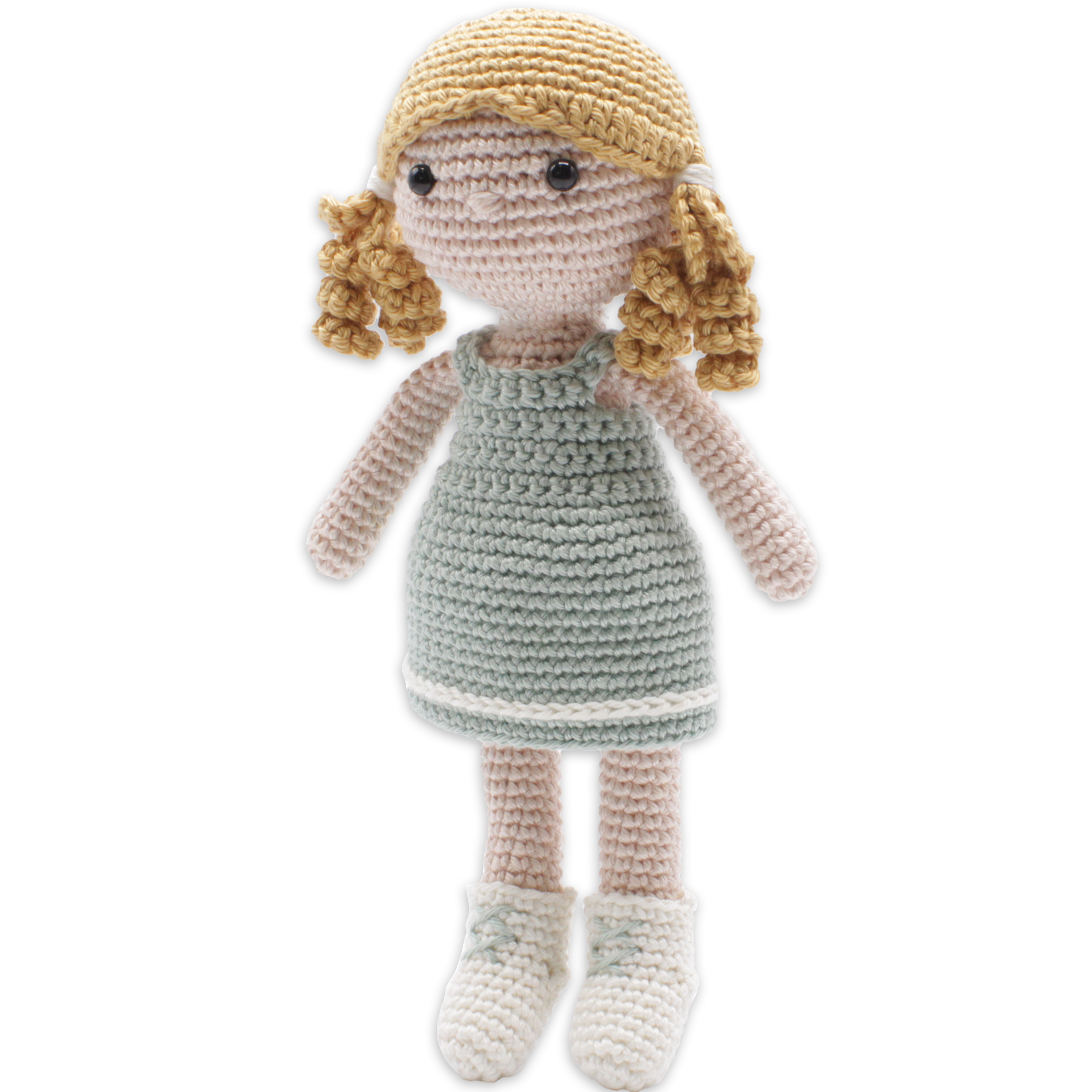 Crocheted doll with blonde hair and a green dress on a white background