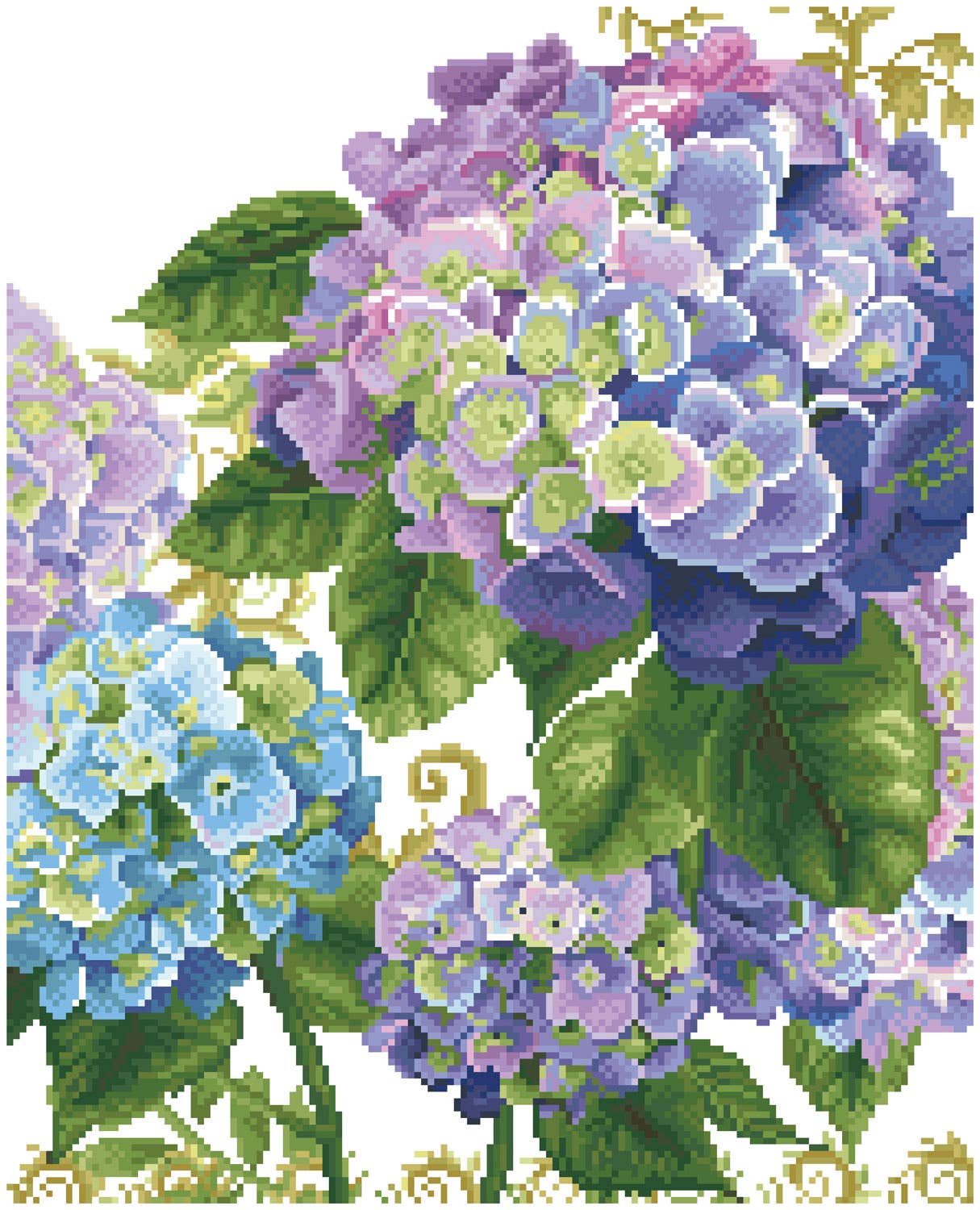 Close-up of completed hydrangea diamond painting artwork
