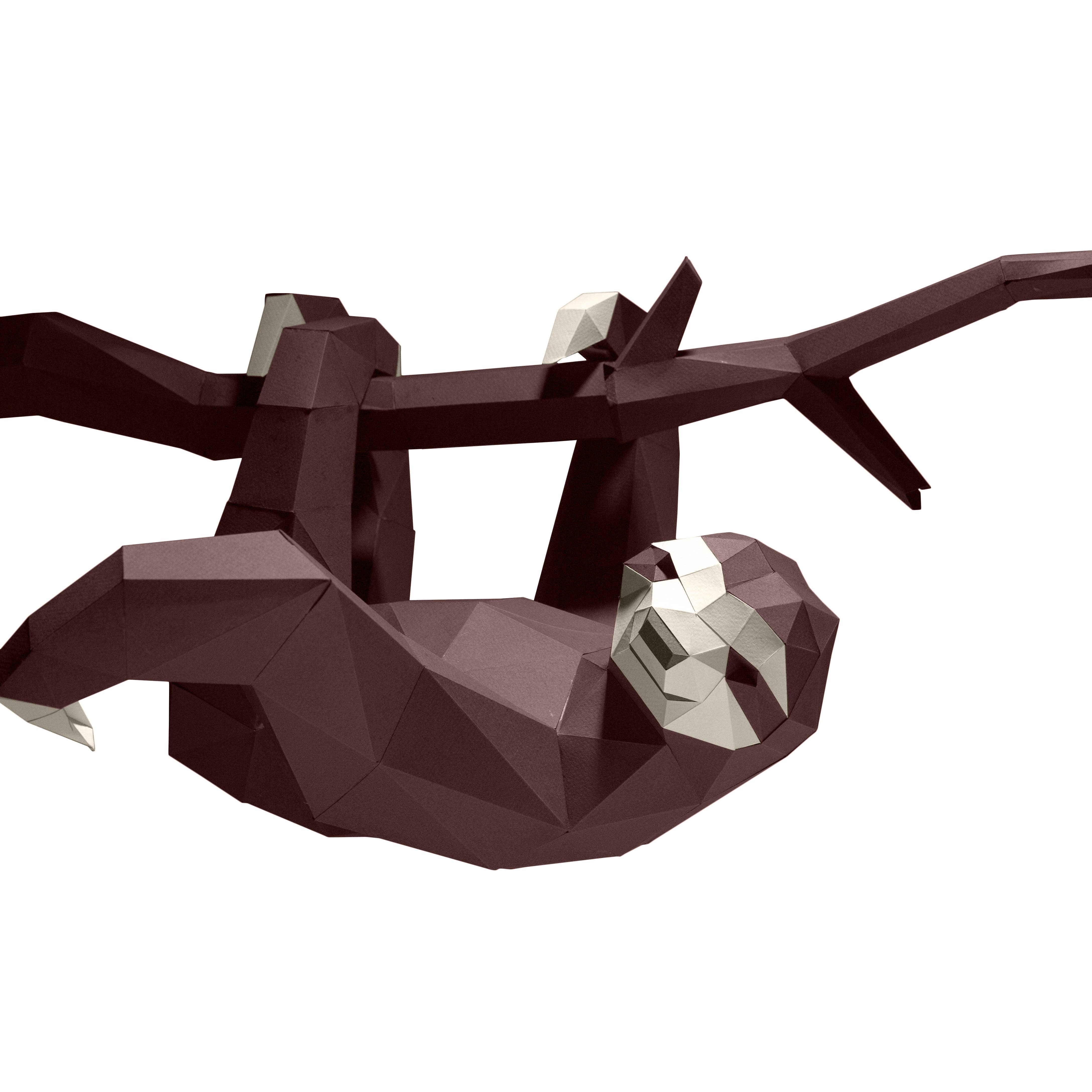 Low poly sloth figurine on a branch with a white background