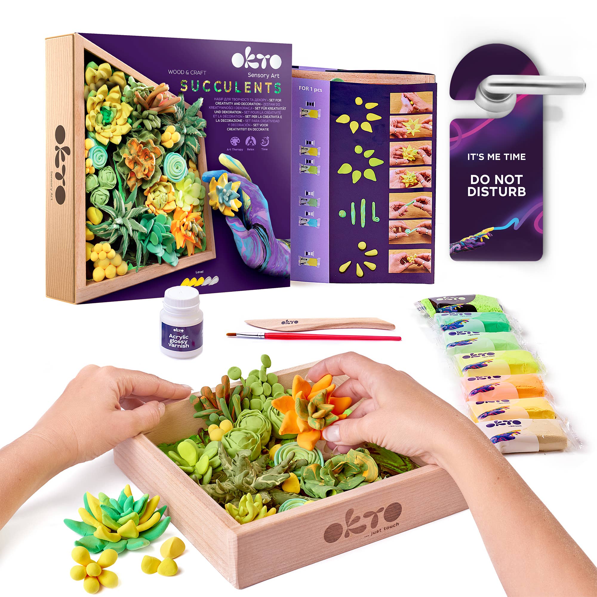 Wooden craft kit with colorful succulent-like figures, packaging, and tools on a white background.