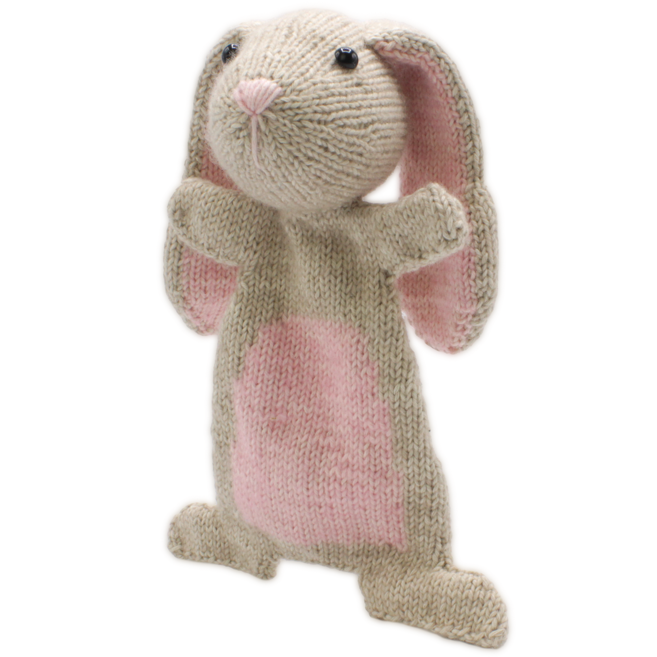 Knitted bunny toy with pink belly on a white background