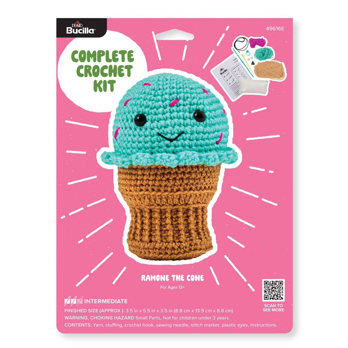 Crochet kit packaging for 'Rahole the Cone' with pink background