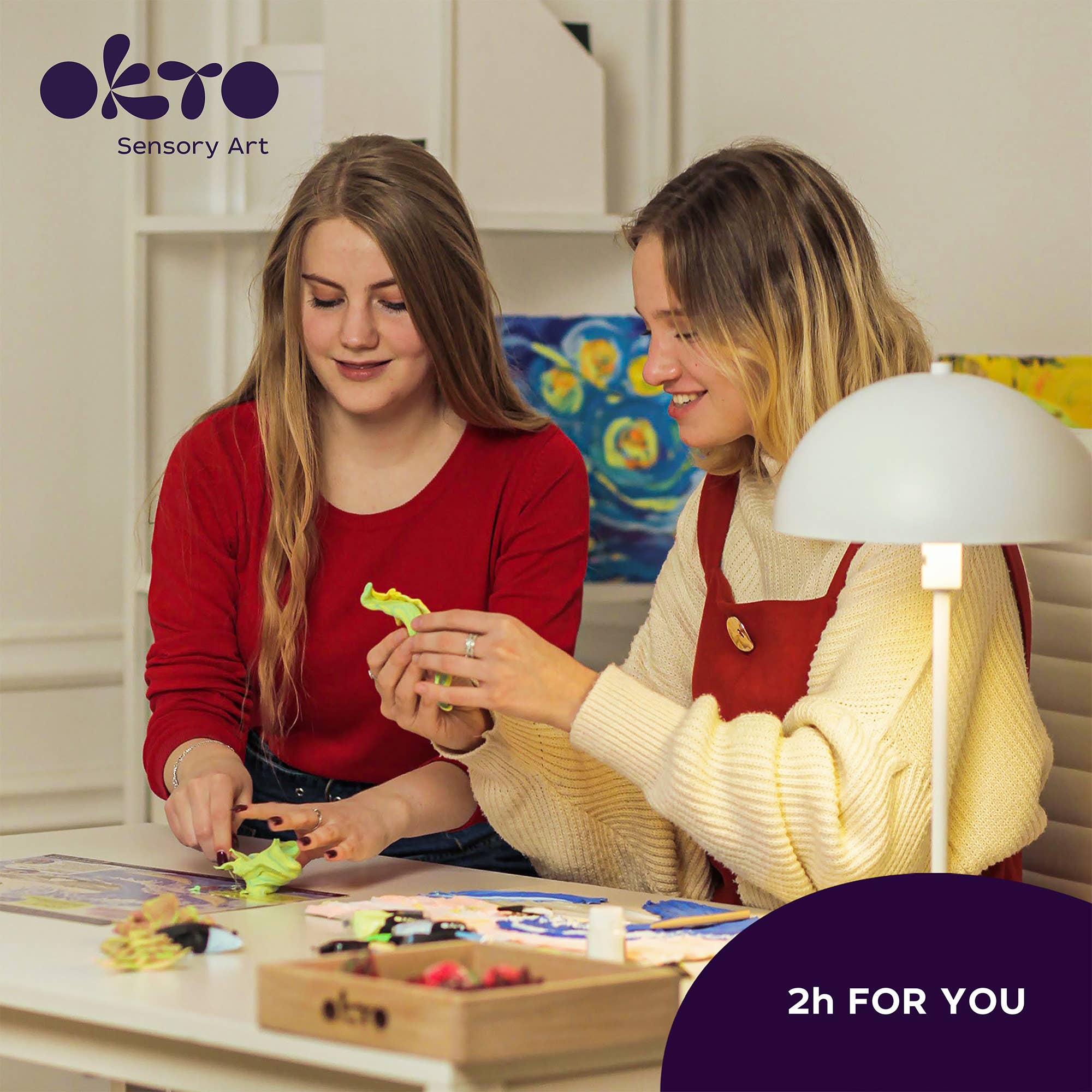Two women engaging in sensory art activity with Okto Sensory Art branding.