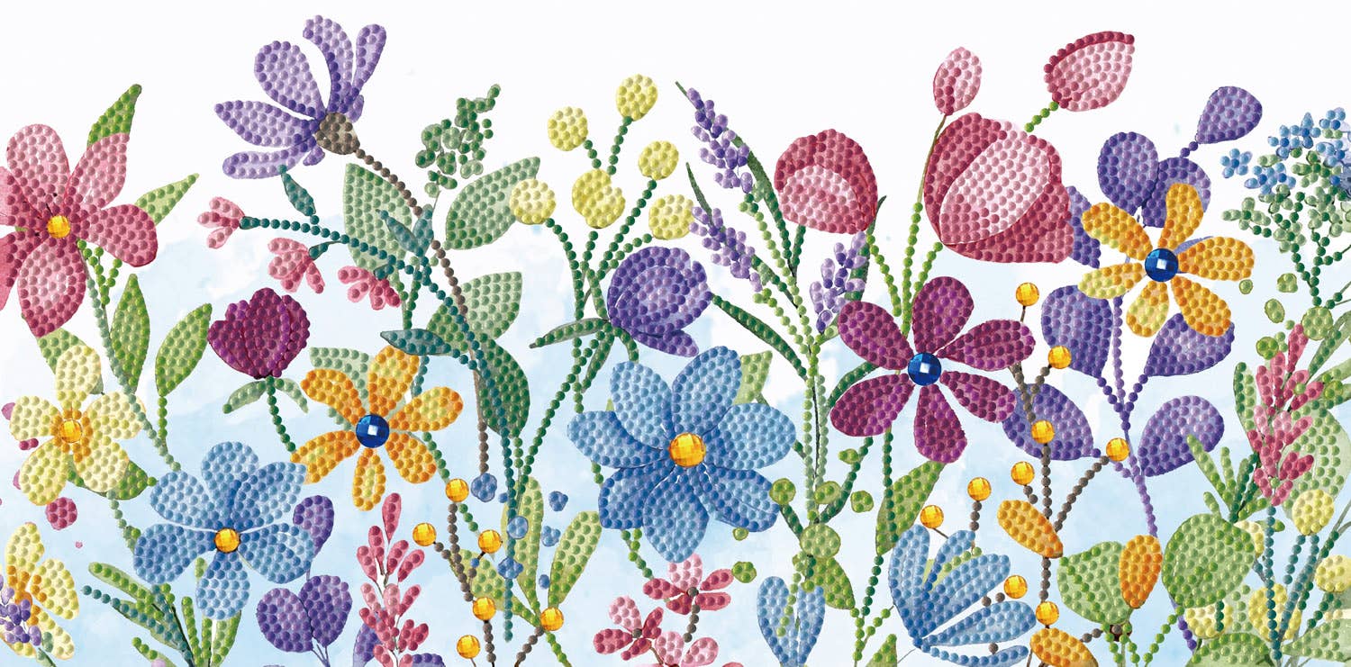 Colorful floral pattern with various flowers on a light blue background