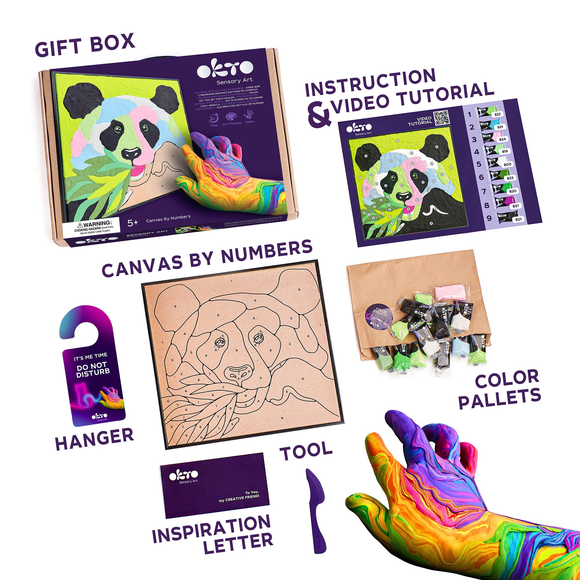 Gift box with Canvas by Numbers set, instruction manual, hanger, tool, and color palettes on a white background.