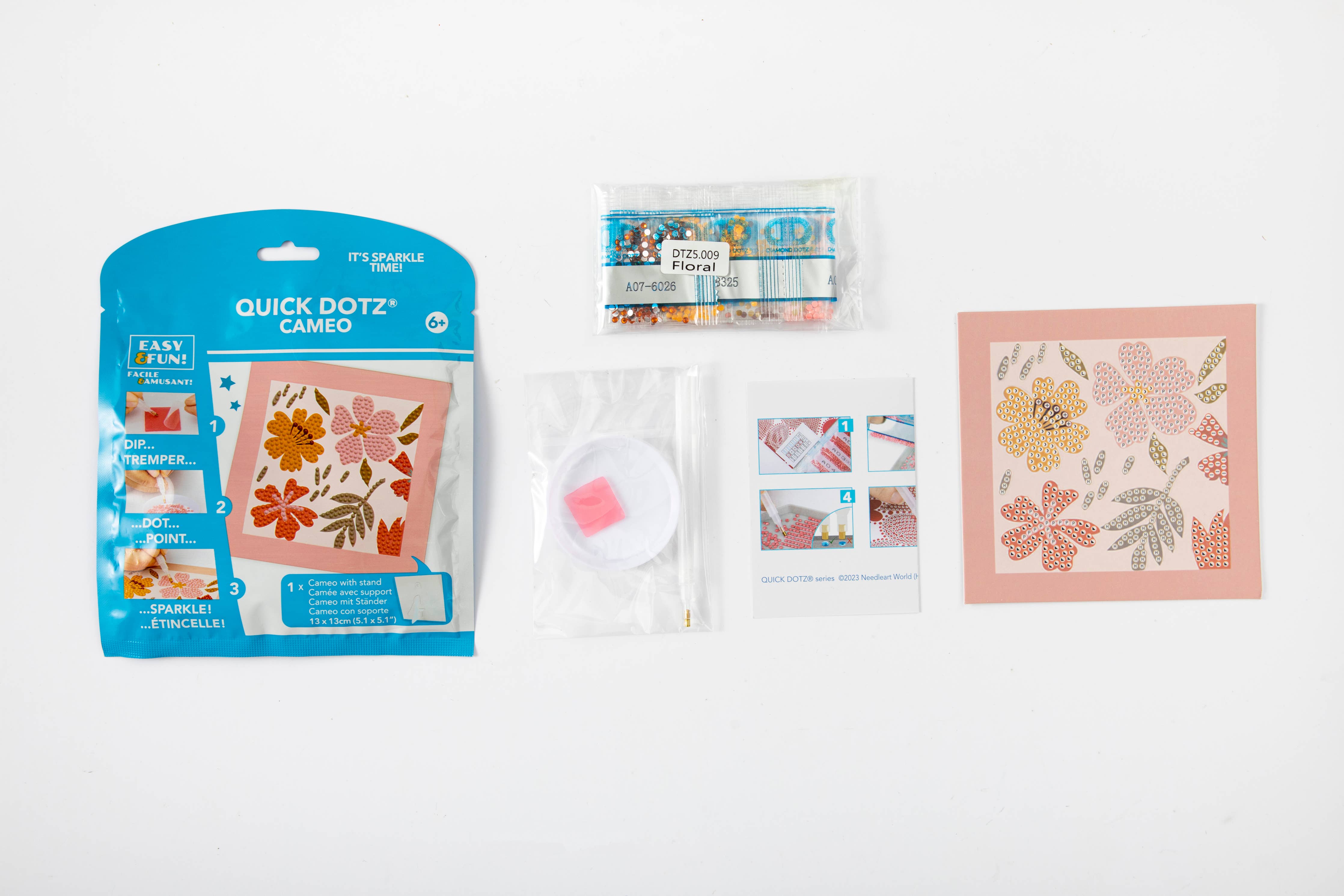 Quick Dotz craft kit with floral designs on a white background