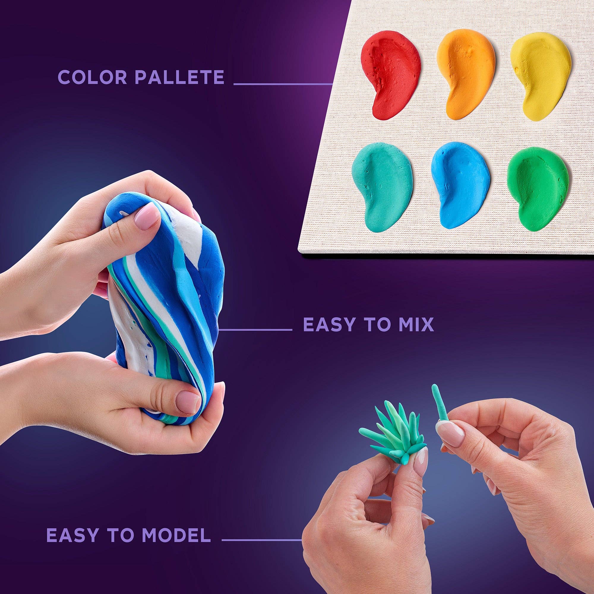 Hands holding a blue and white object, green and blue clay, and a color palette with red, yellow, and green colors on a purple background.