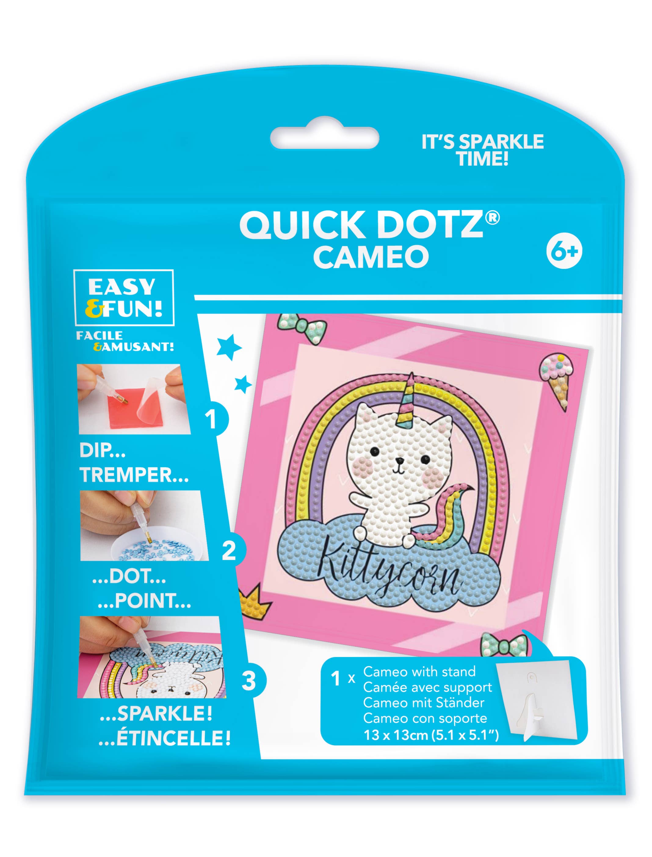 Quick Dotz Cameo craft kit packaging with a cat illustration on a white background