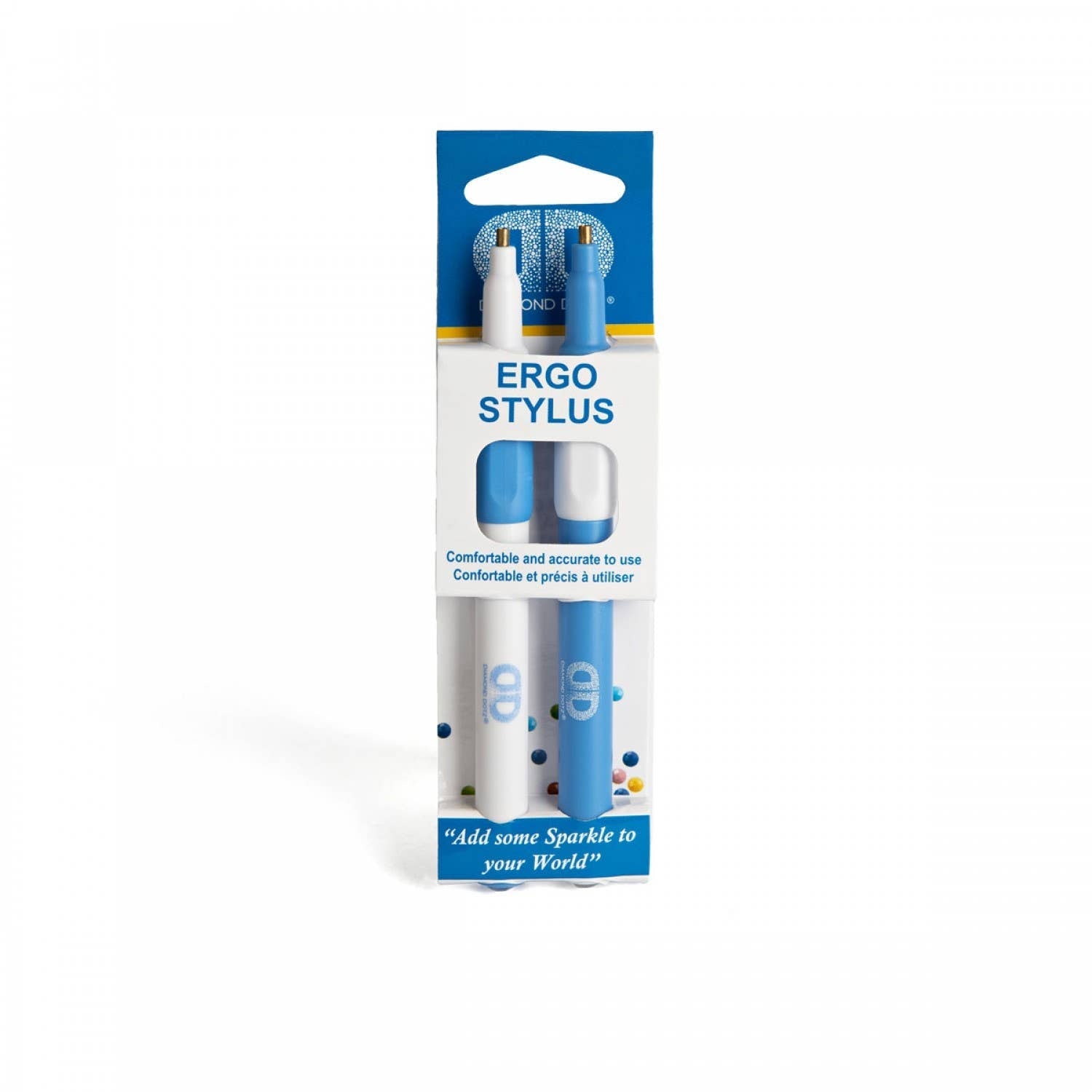 Packaged Ergo Stylus with blue and white design on a white background