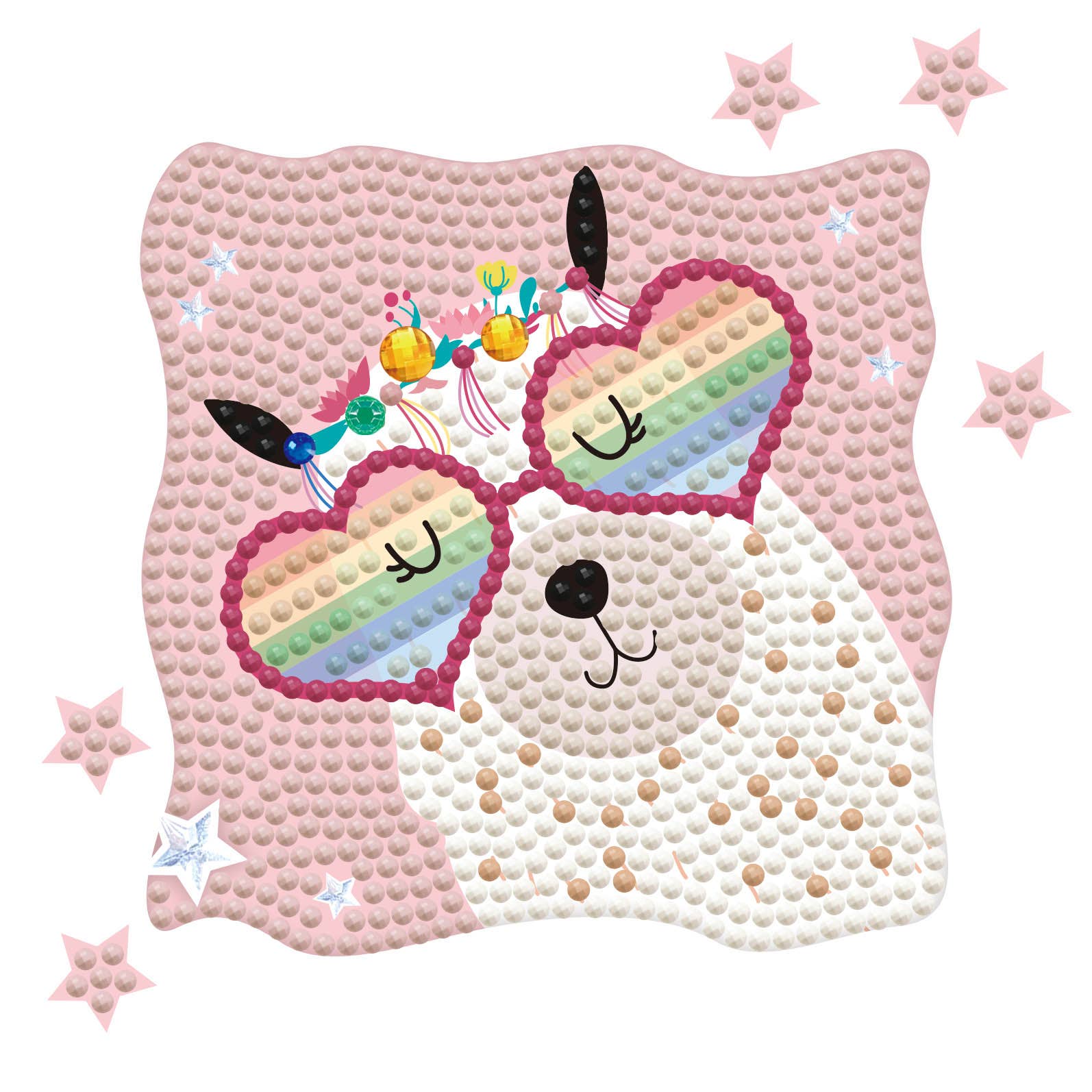 Children's activity sheet with a bear and rainbow design on a pink background