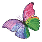 Pixelated butterfly with pink, purple, green, and blue wings on a white background