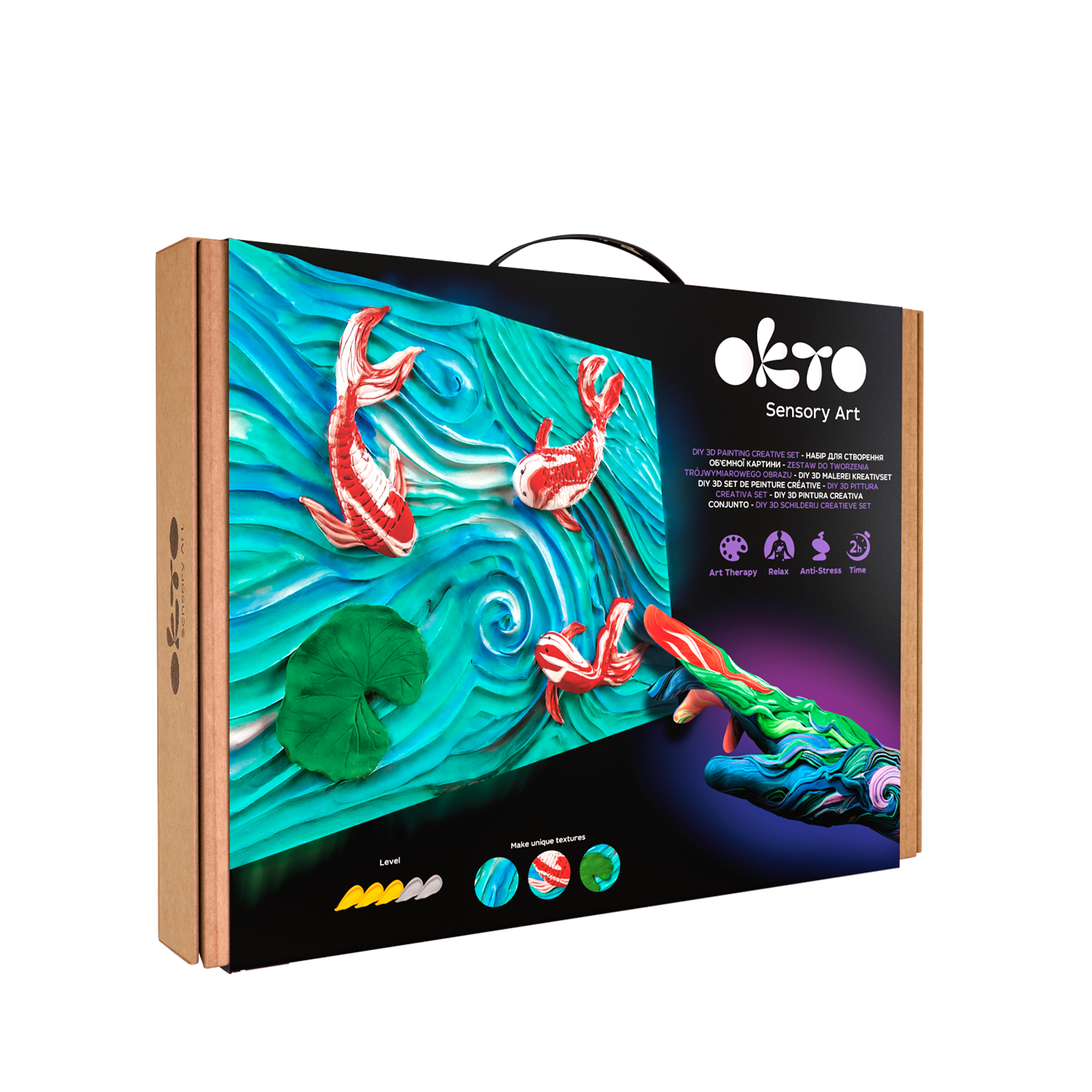 Okto Sensory Art packaging with fish and underwater scene design on a white background