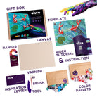 Artistic supply kit with various items including a canvas, paintbrush, and color palettes on a white background.