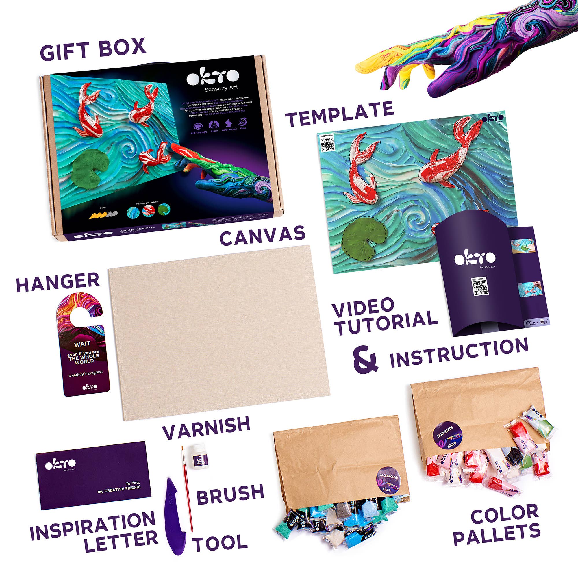 Artistic supply kit with various items including a canvas, paintbrush, and color palettes on a white background.