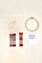 Embroidery hoop, thread skeins, and instructions on a beige background