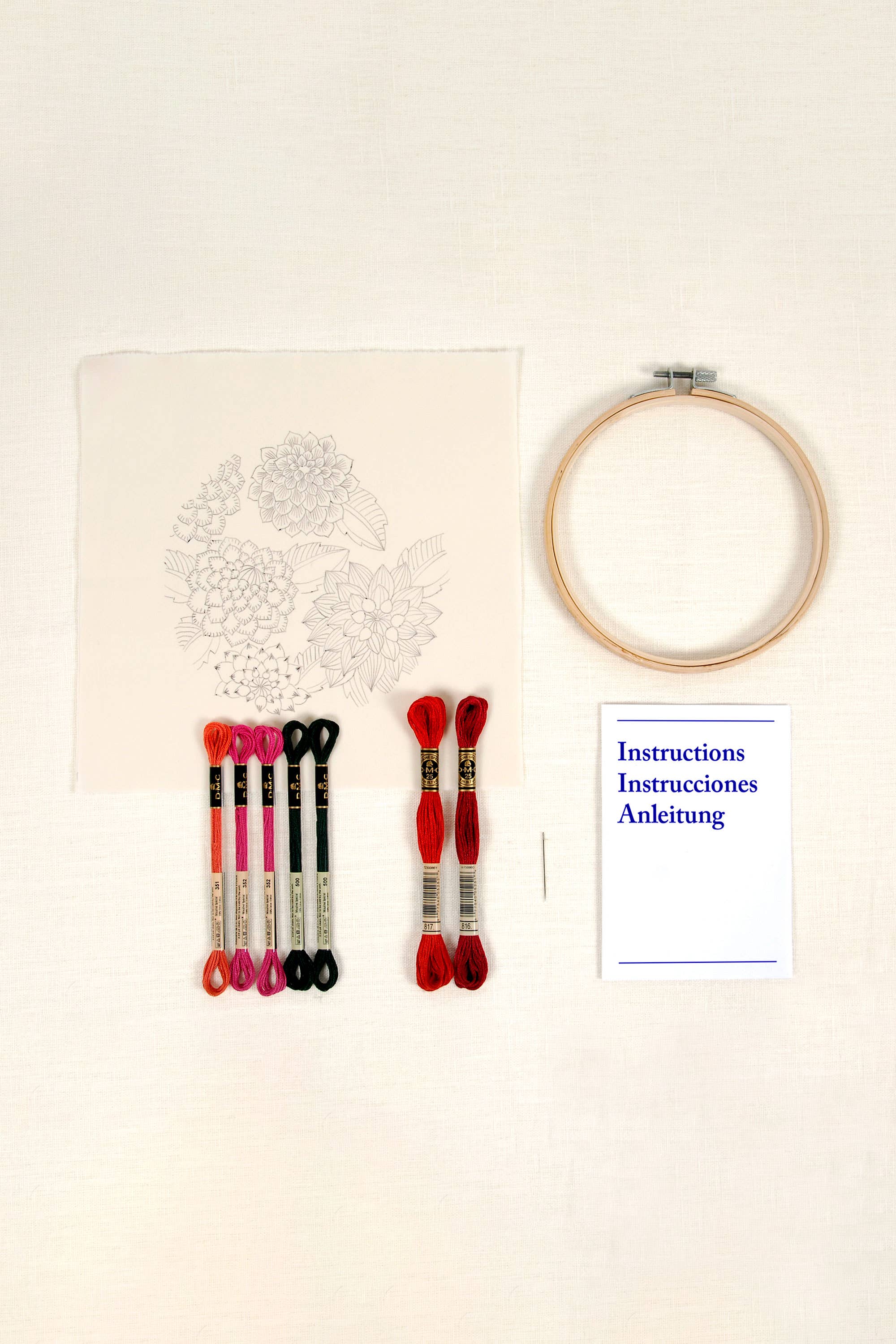 Embroidery hoop, thread skeins, and instructions on a beige background