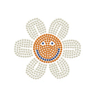 Daisy flower design with orange center and blue dot on a white background