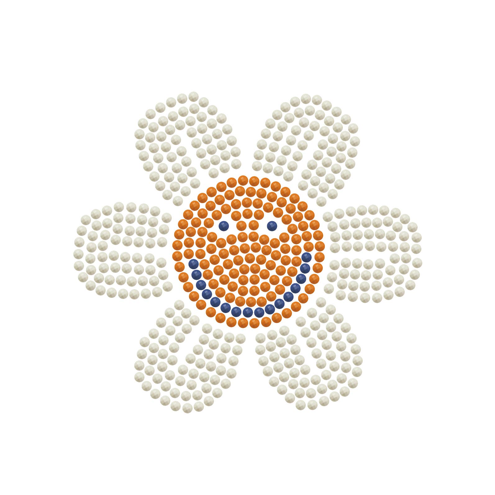 Daisy flower design with orange center and blue dot on a white background