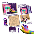 Sensory art kit with box, instruction manual, canvas, color palettes, and hand with colorful paint.