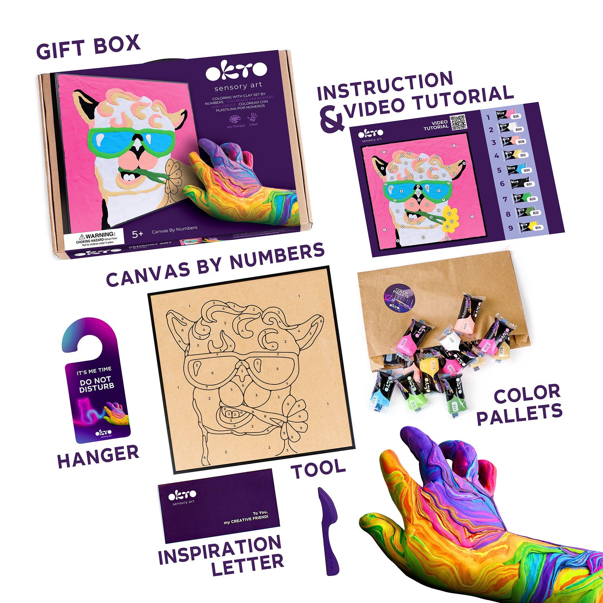 Sensory art kit with box, instruction manual, canvas, color palettes, and hand with colorful paint.