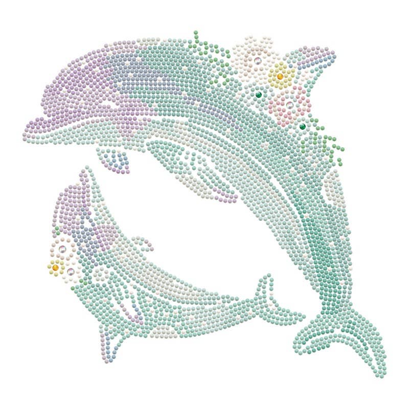Colorful rhinestone design of a dolphin on a white background