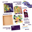 Art supply kit with various items including a wooden base, acrylic varnish, and color palette.