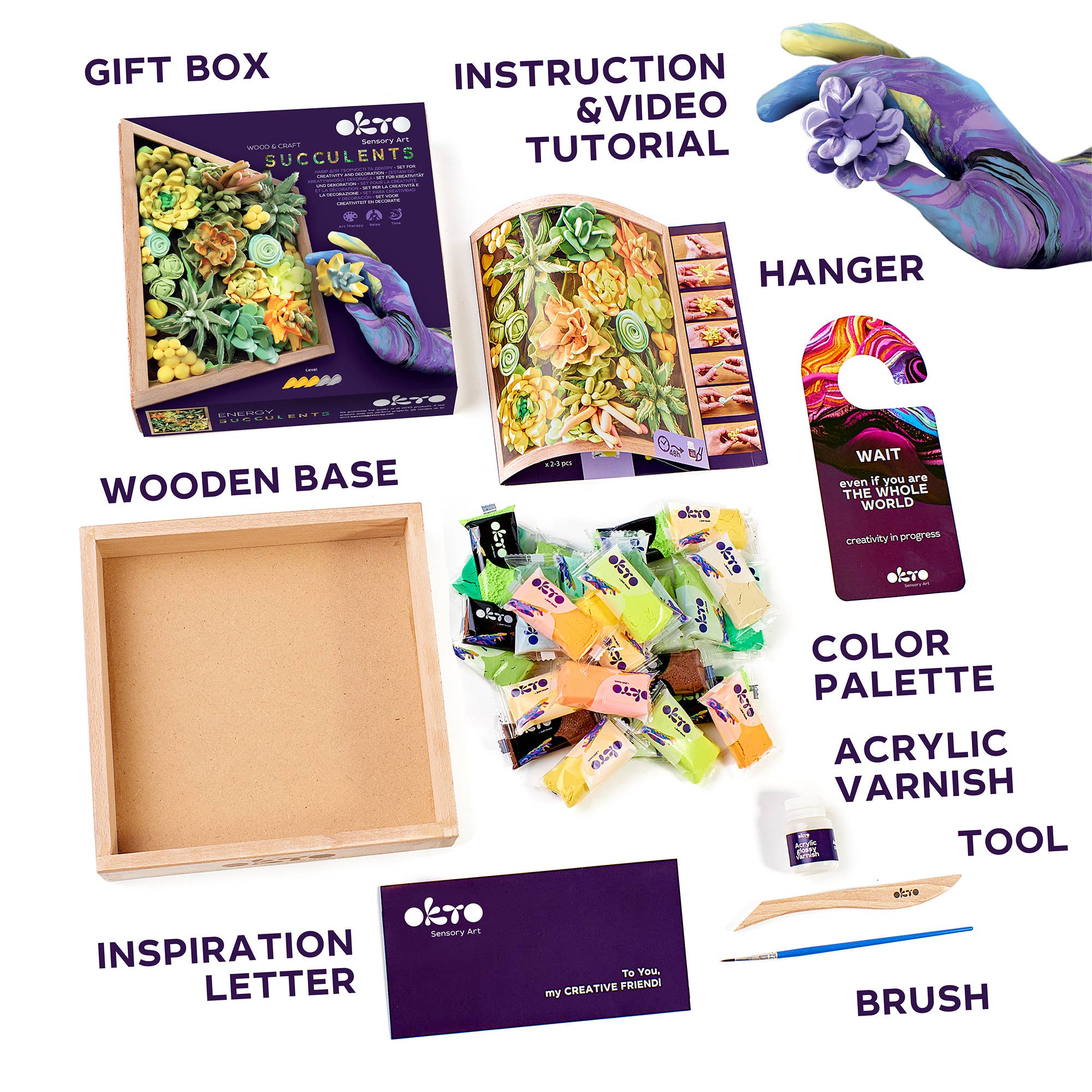 Art supply kit with various items including a wooden base, acrylic varnish, and color palette.