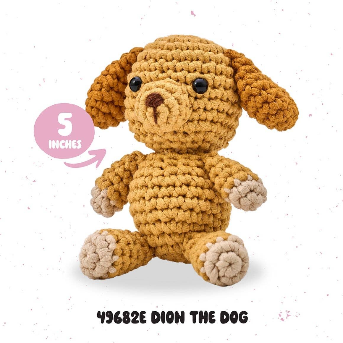 Crocheted dog toy with a size label on a white background